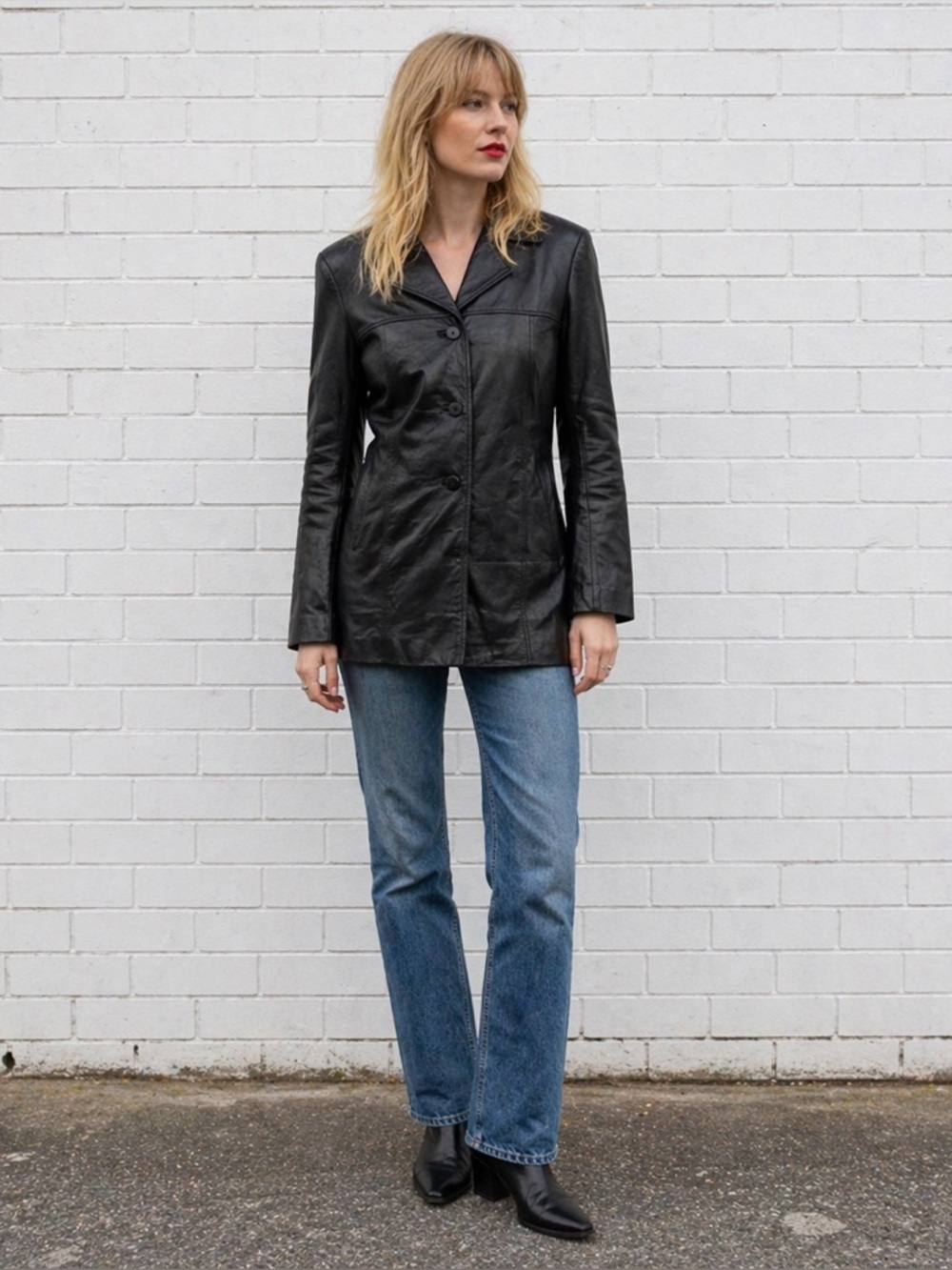 Vintage 90s Black Long Blazer Leather Jacket Coat Minimalist Womens Size Small